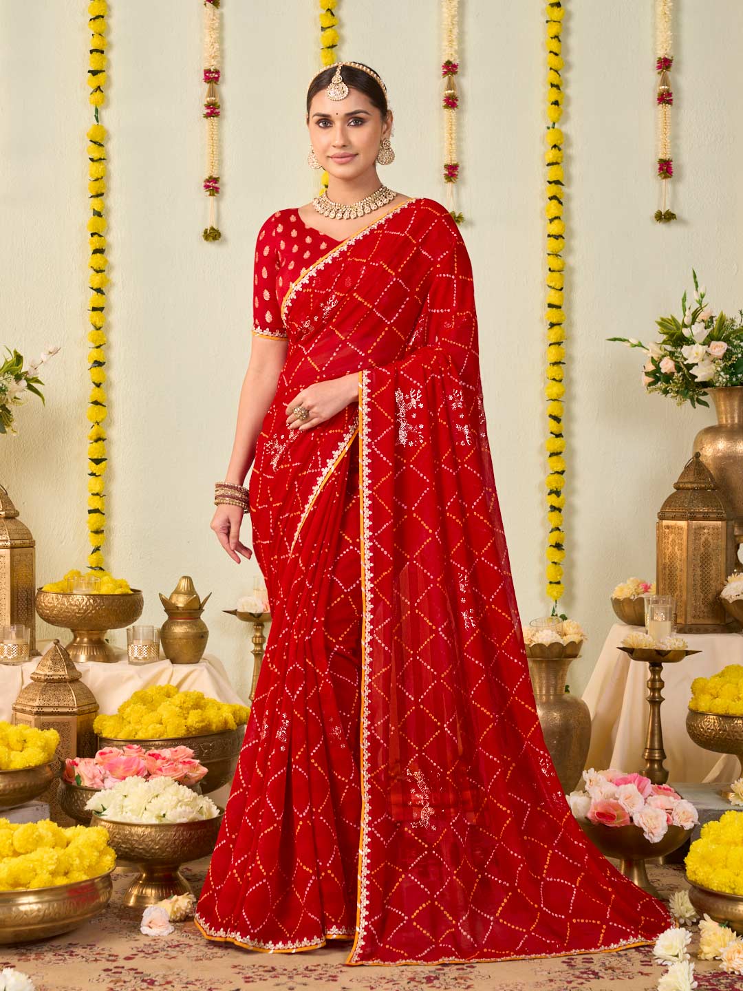 Red bandhani printed georgette saree festive wear
