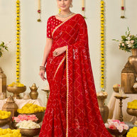 Red bandhani printed georgette saree festive wear