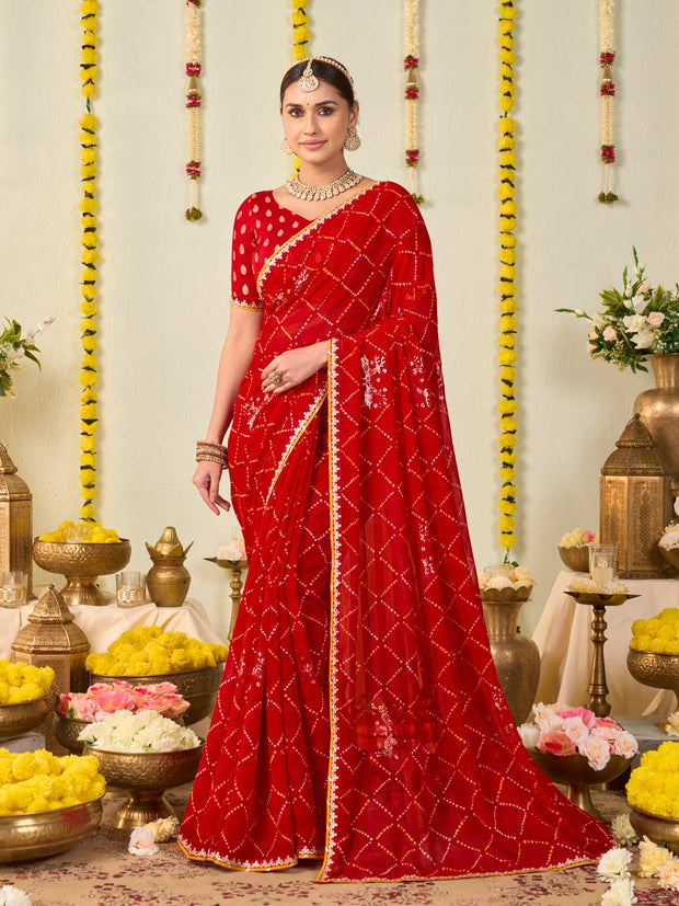 Red bandhani printed georgette saree festive wear