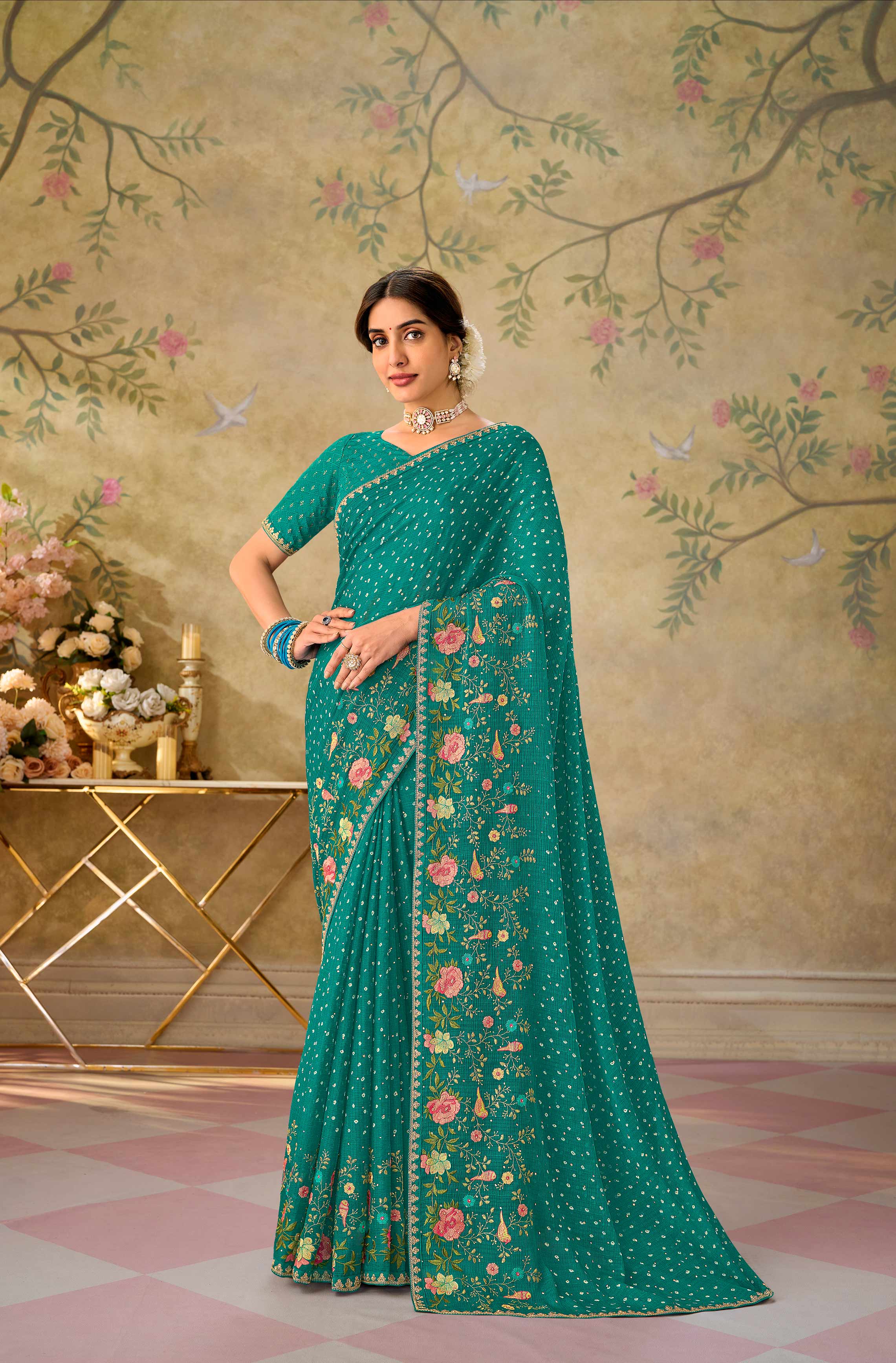 Blue embroidered chiffon saree festive wear