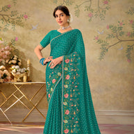 Blue embroidered chiffon saree festive wear