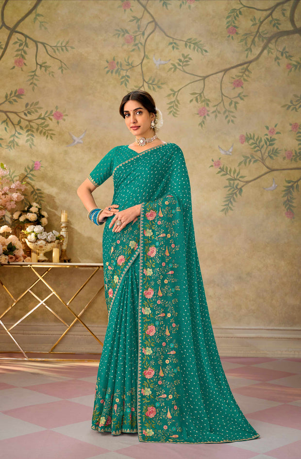 Blue embroidered chiffon saree festive wear