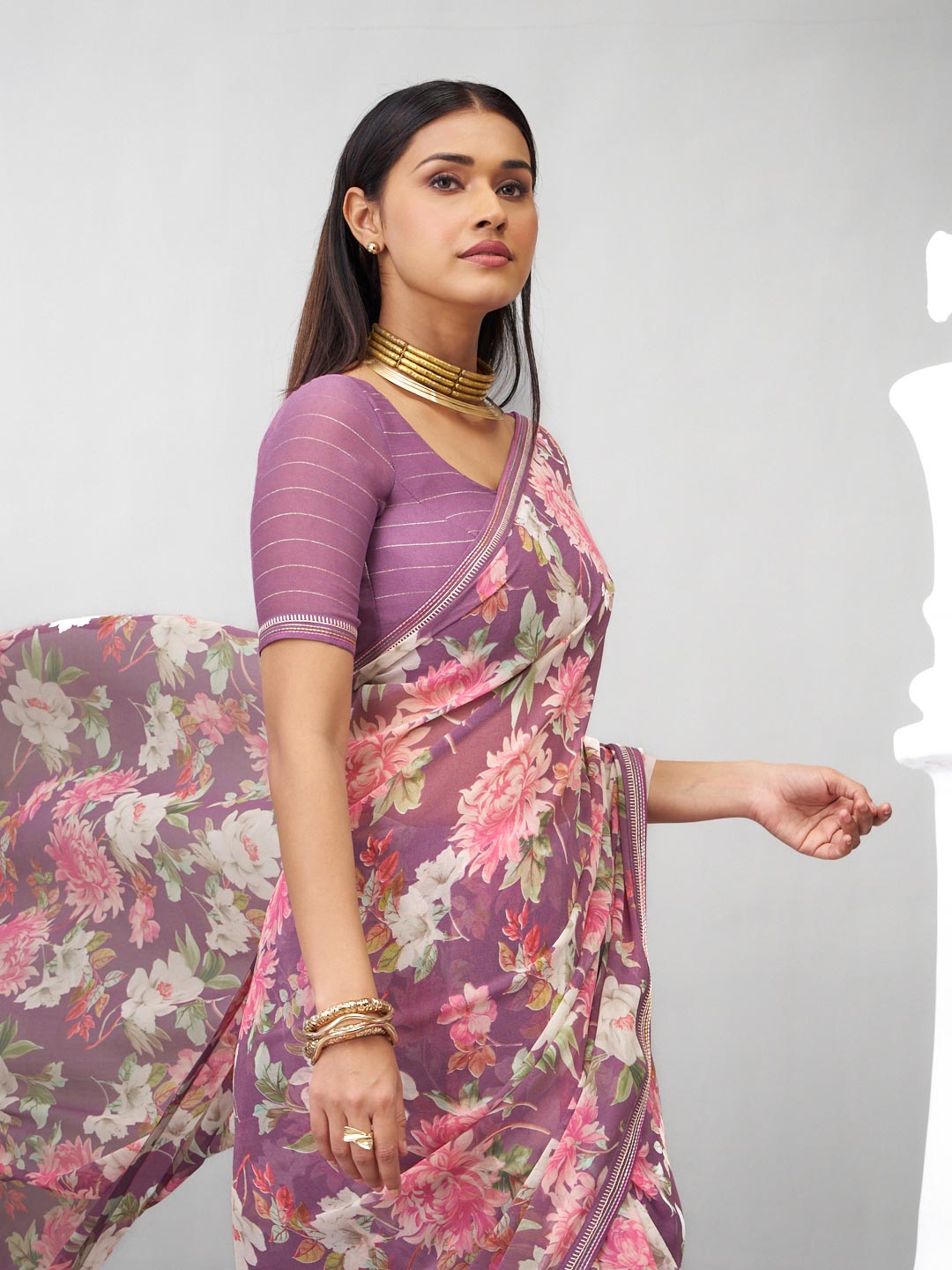 Purple floral georgette saree casual style