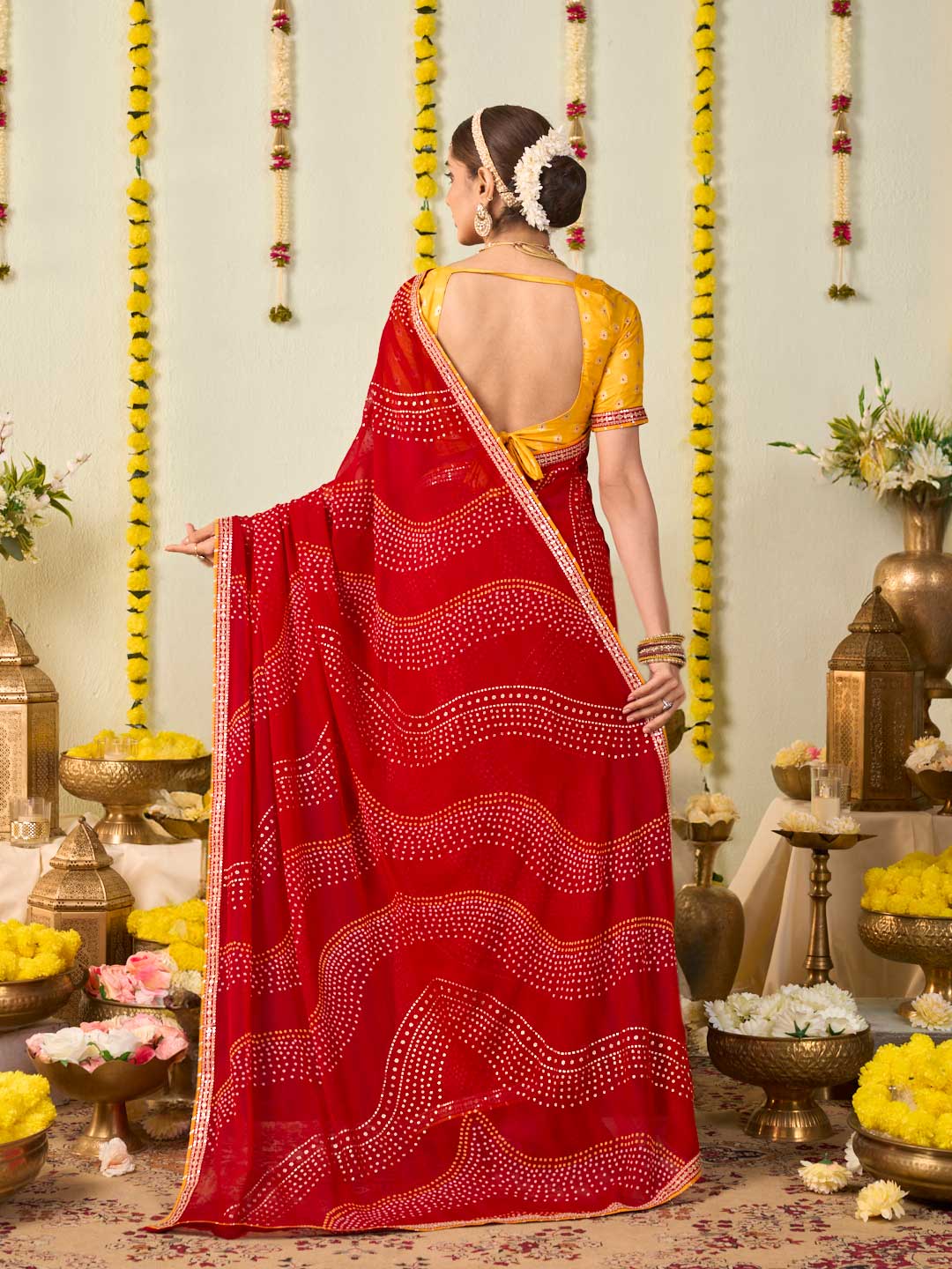 Red bandhani printed georgette saree party wear