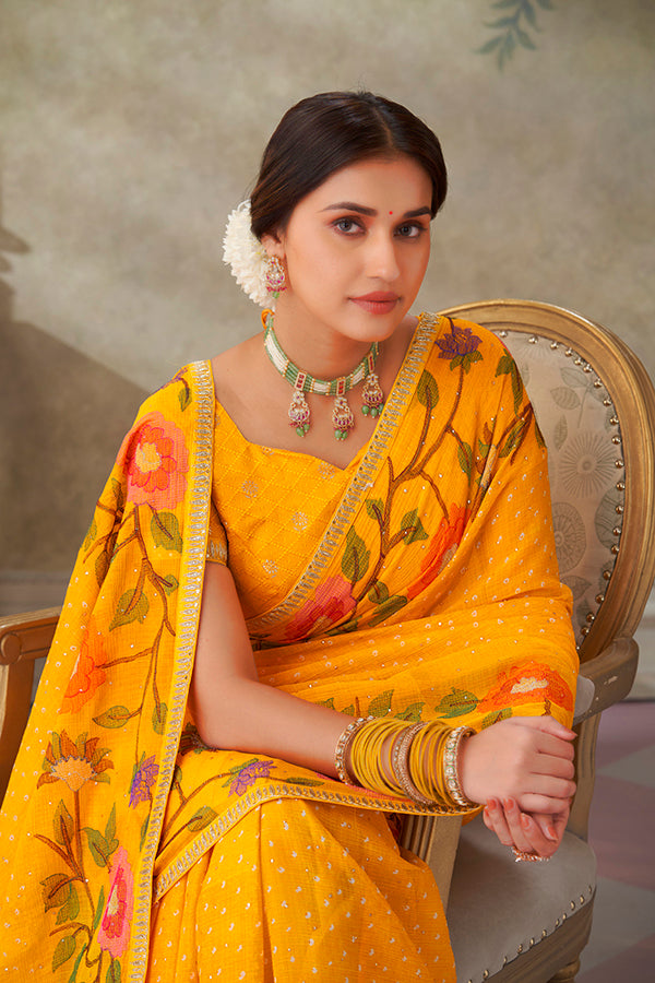 Yellow embroidered chiffon saree festive wear