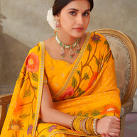 Yellow embroidered chiffon saree festive wear