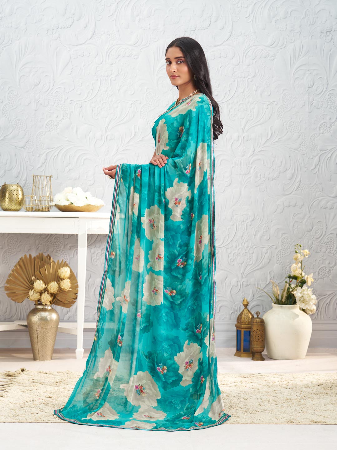 Blue floral printed georgette saree festive wear