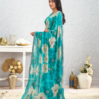 Blue floral printed georgette saree festive wear