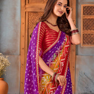 Purple bandhani printed silk blend saree daily wear
