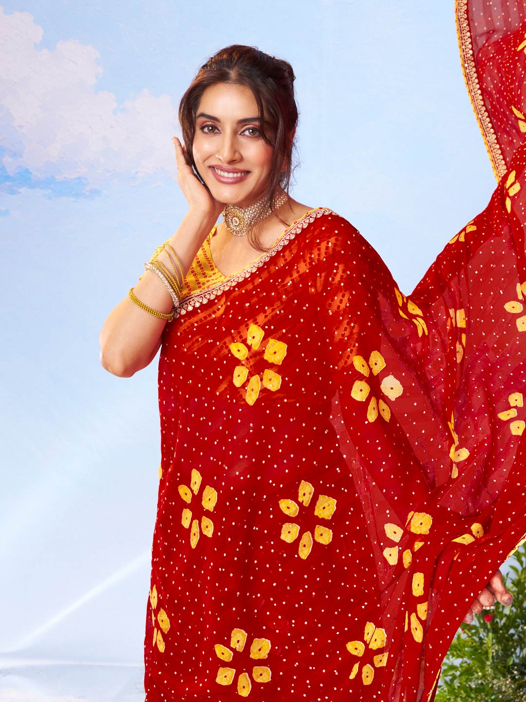 Red floral printed georgette saree daily wear