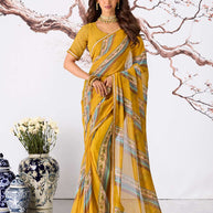Yellow floral printed georgette saree daily wear