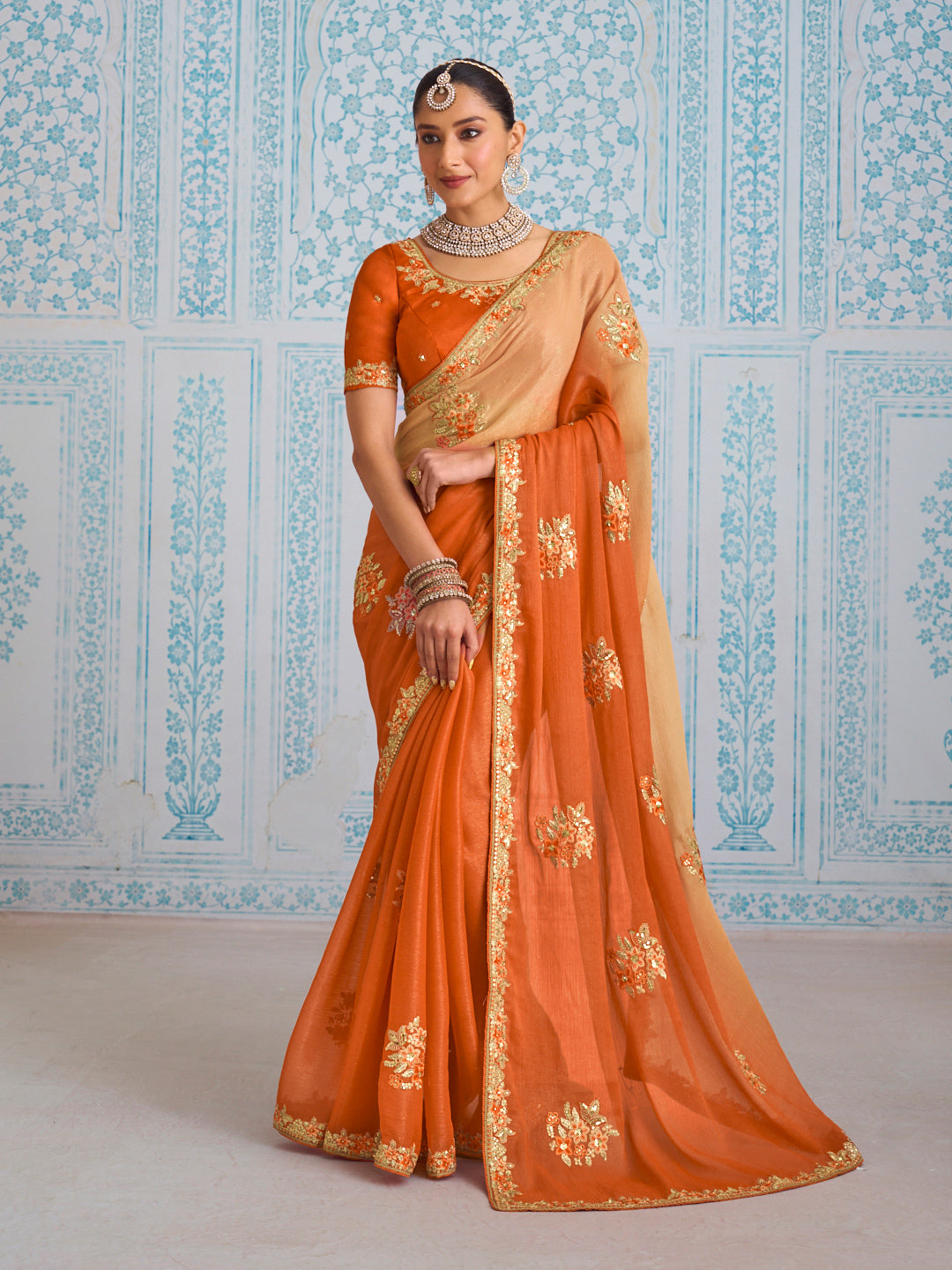Laxmipati Aanya Orange Chiffon Embroidered Saree
