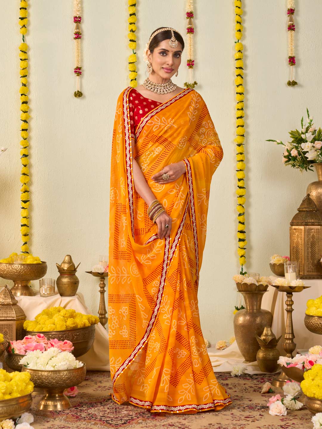 Orange bandhani printed georgette saree wedding wear