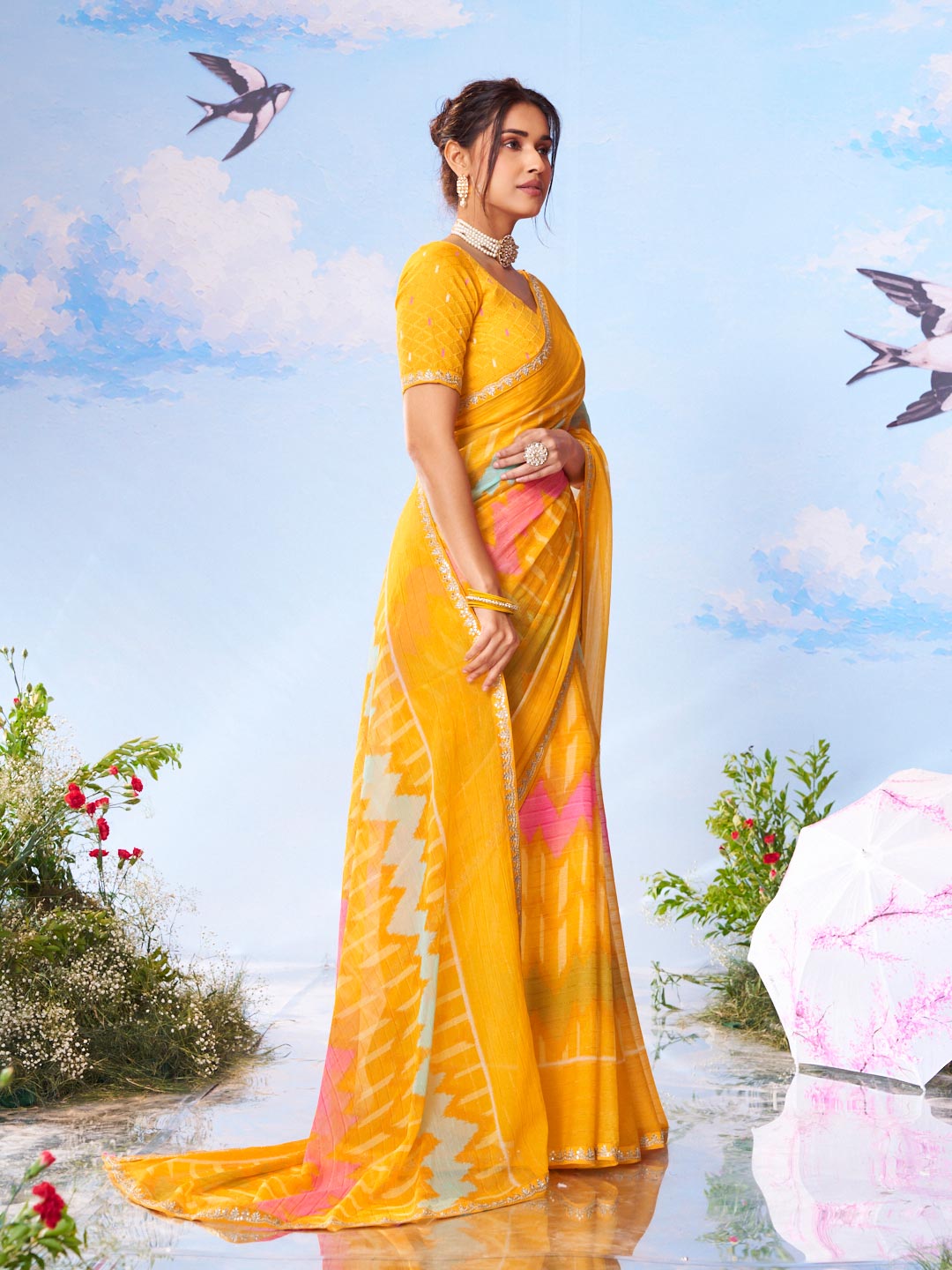 Yellow plain silk saree haldi wear 