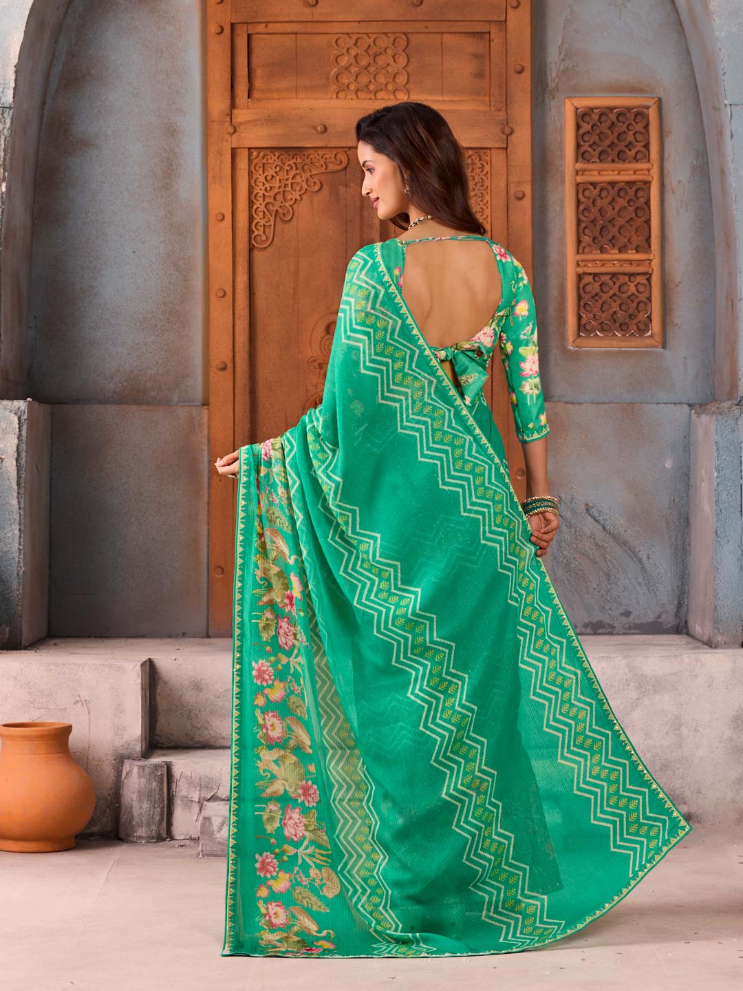 Green zigzag and floral printed chiffon saree daily wear