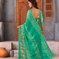 Green zigzag and floral printed chiffon saree daily wear