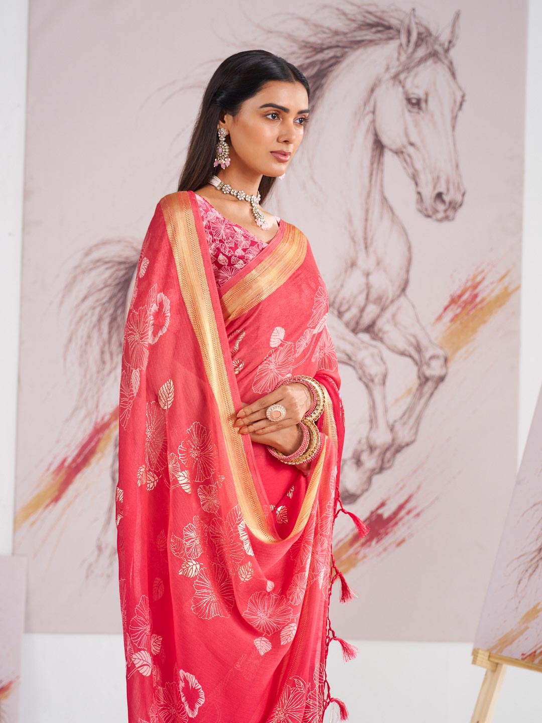 Laxmipati Murli Pink Chiffon Floral Saree