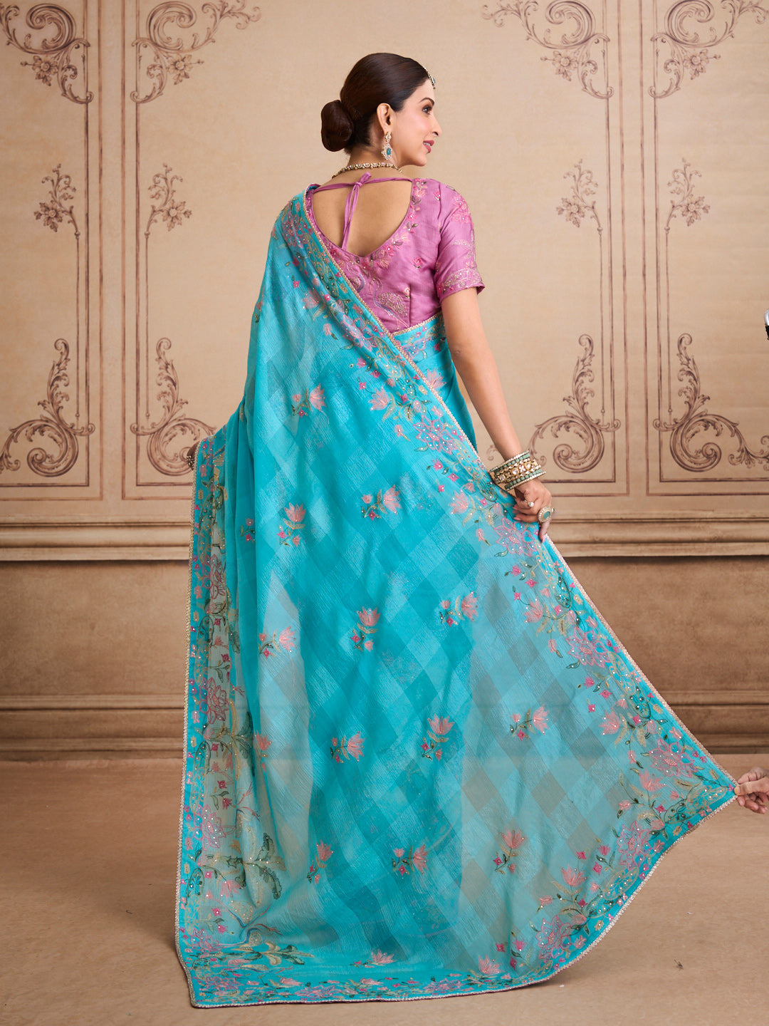 Blue embroidered chiffon saree festive wear