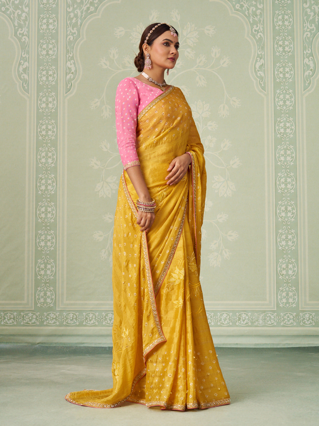 Yellow floral embroidered chiffon saree casual wear