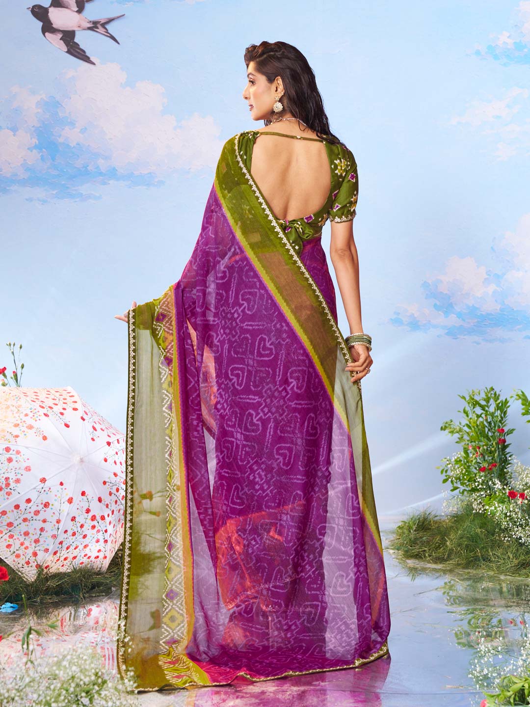 Purple bandhani printed chiffon saree festive wear 