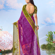 Purple bandhani printed chiffon saree festive wear 