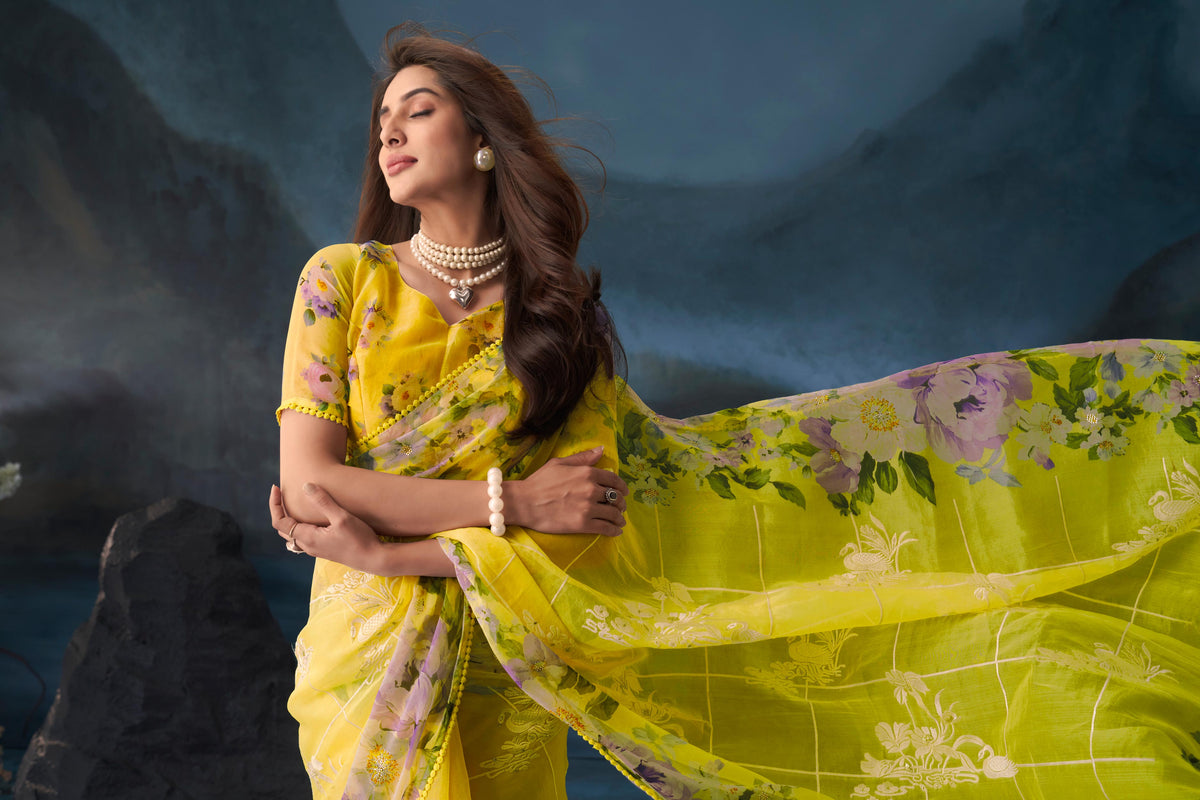 Yellow floral embroidered tissue organza saree daily wear