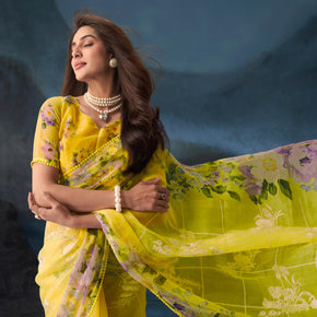 Yellow floral embroidered tissue organza saree daily wear