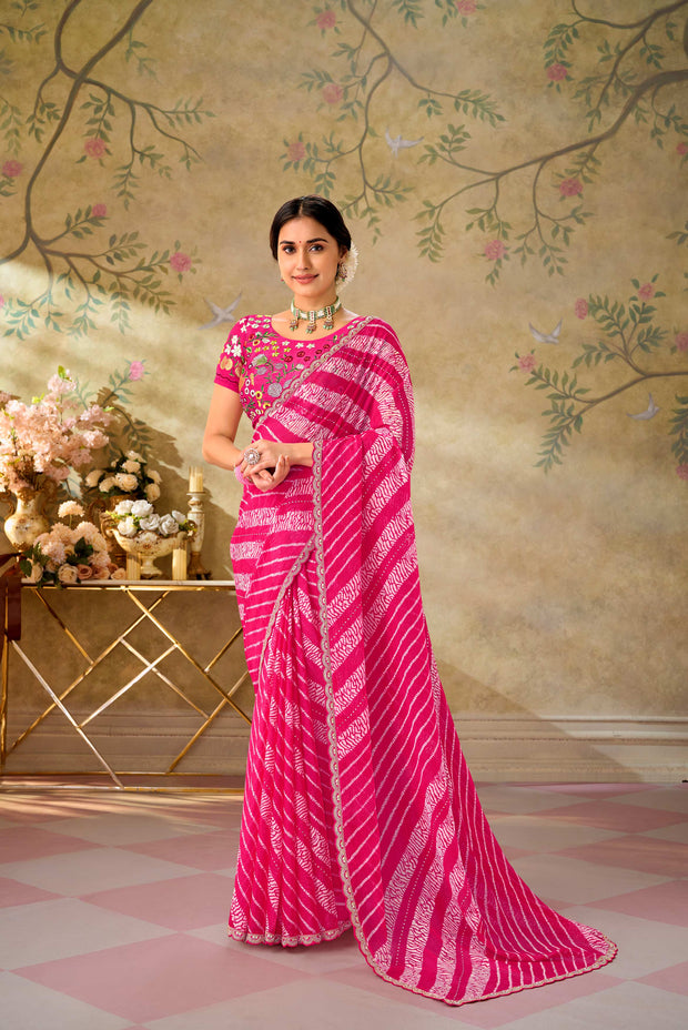 Pink embroidered chiffon saree festive wear
