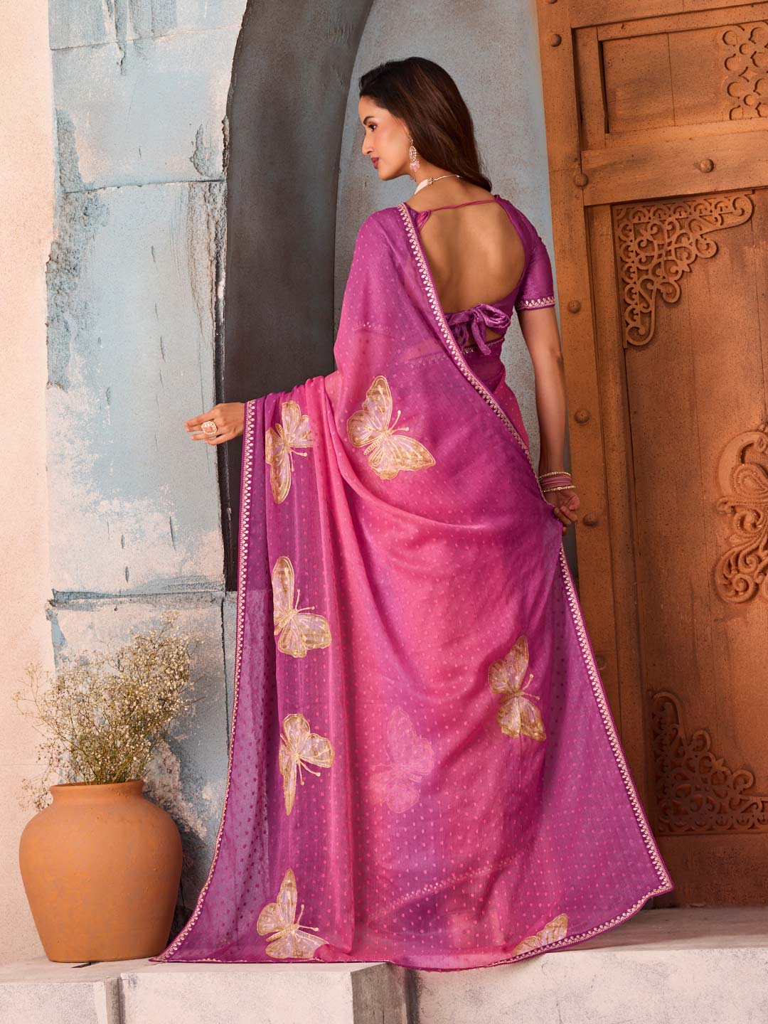 Purple butterfly printed chiffon saree daily wear