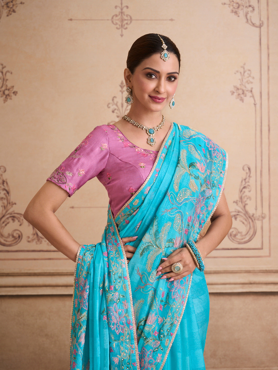 Blue embroidered chiffon saree wedding wear