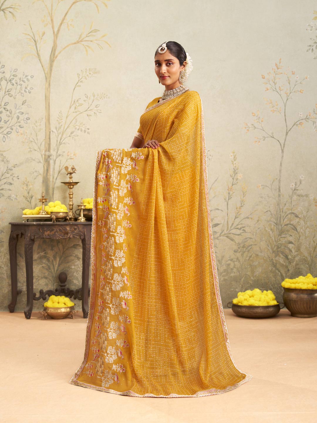 Yellow embroidered chiffon saree festive wear