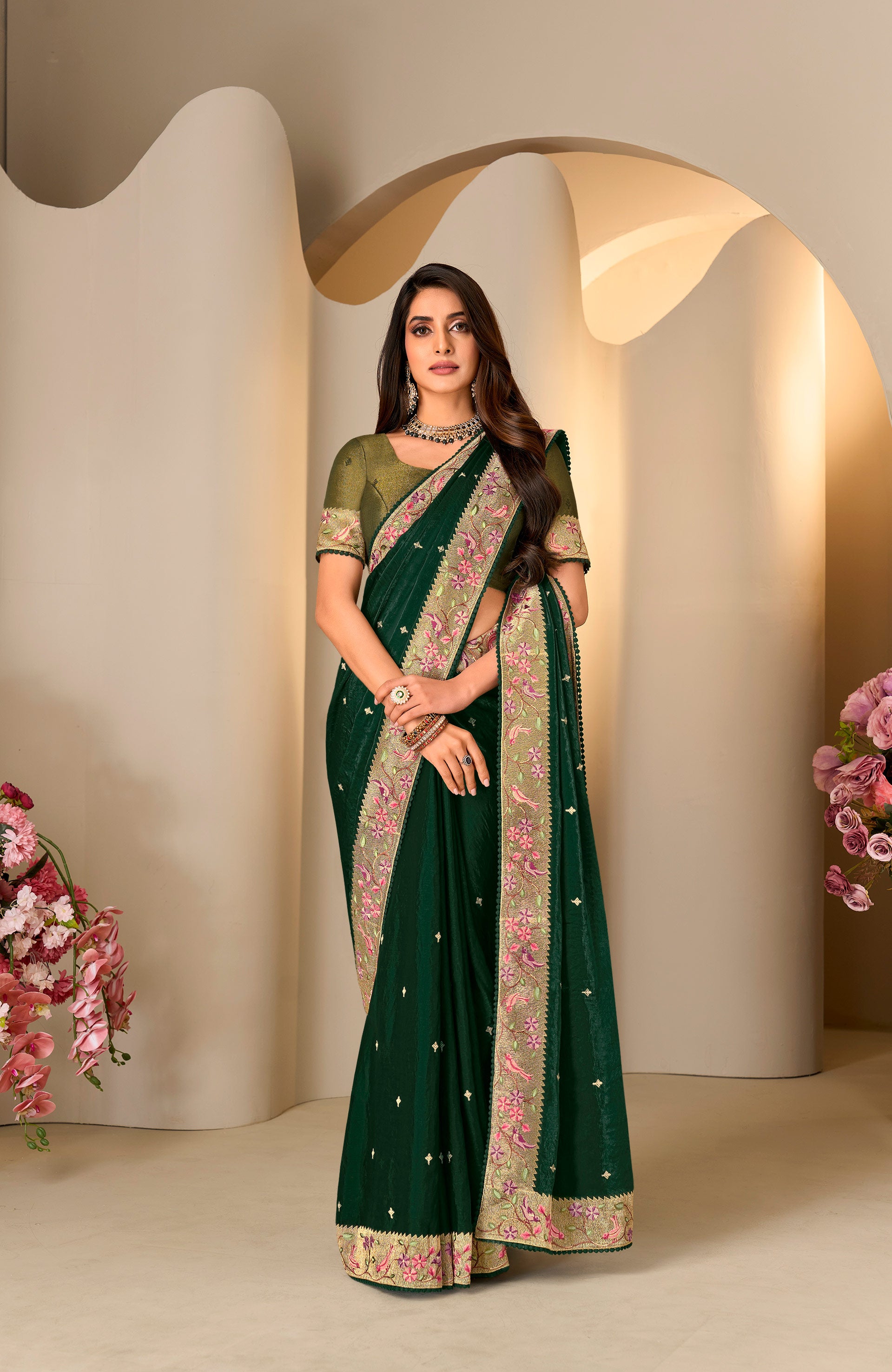 Green floral embroidered tissue organza saree party wear