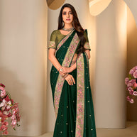 Green floral embroidered tissue organza saree party wear