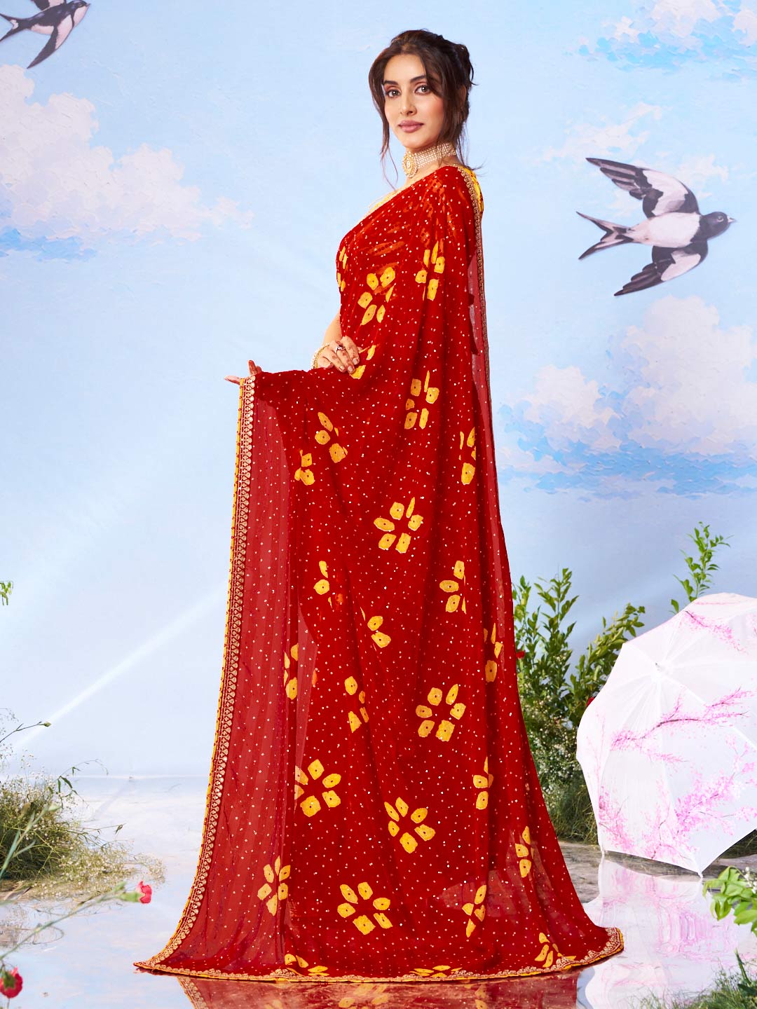 Red floral printed georgette saree casual wear 