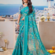 Blue floral printed chiffon saree stylish look