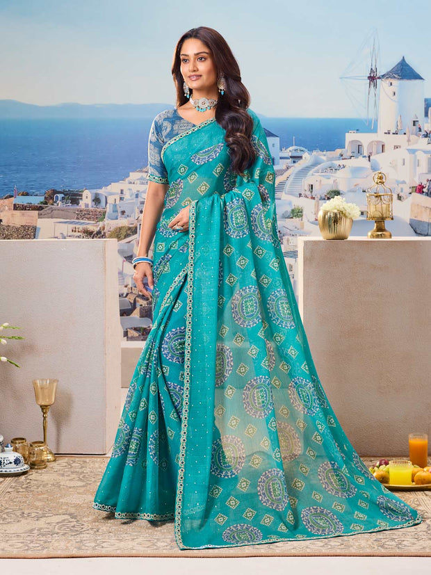 Blue floral printed chiffon saree stylish look