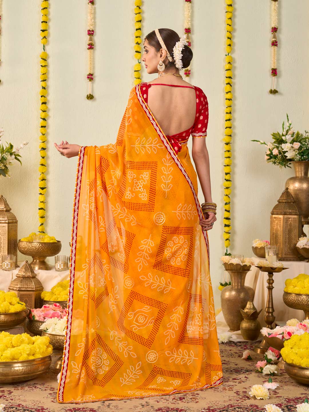 Orange bandhani printed georgette saree party wear