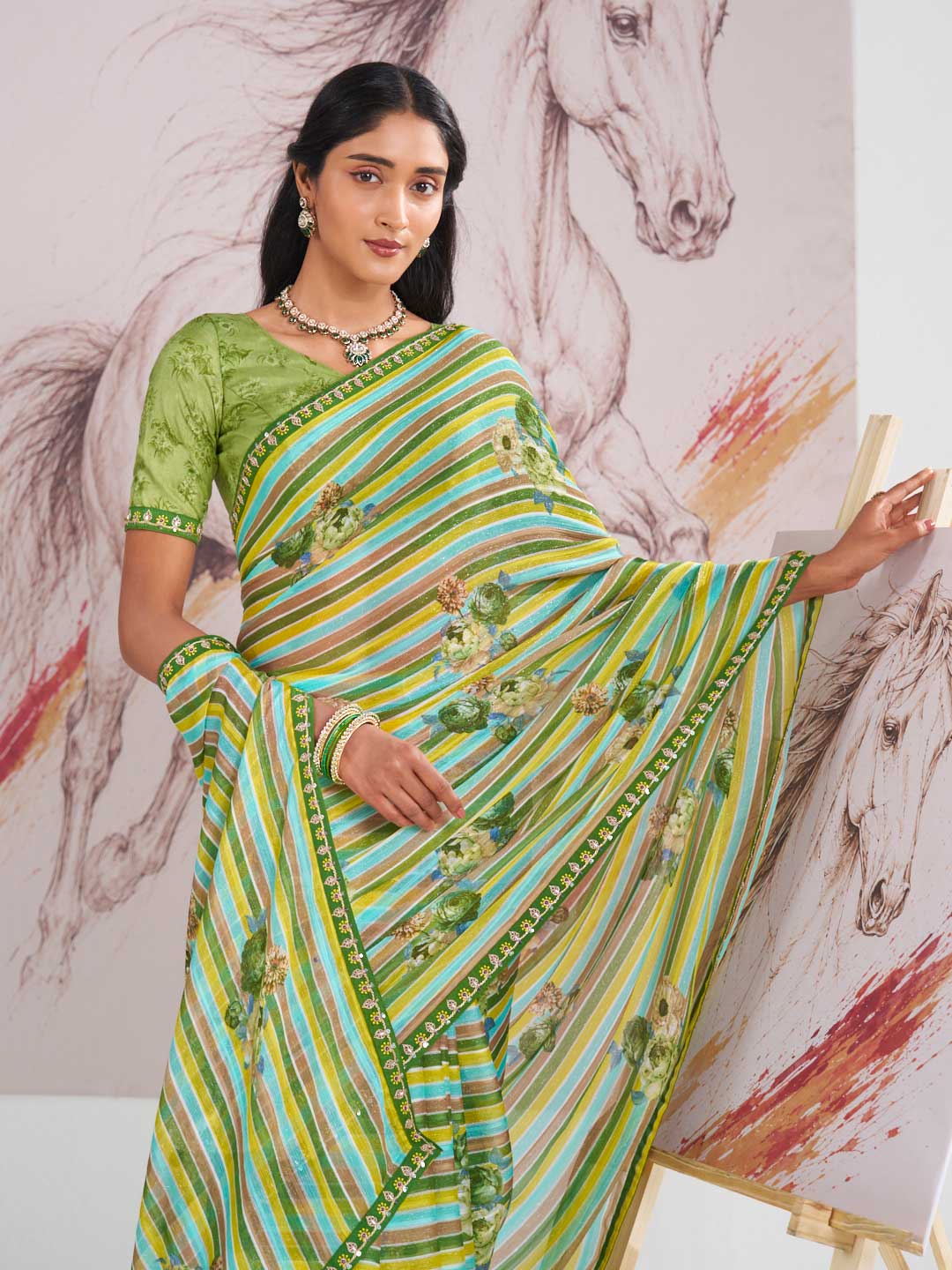 Laxmipati Murli Green Silk Blend Floral Saree