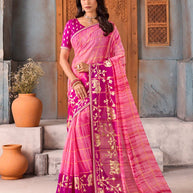 Pink zari embroidered chiffon saree festive wear
