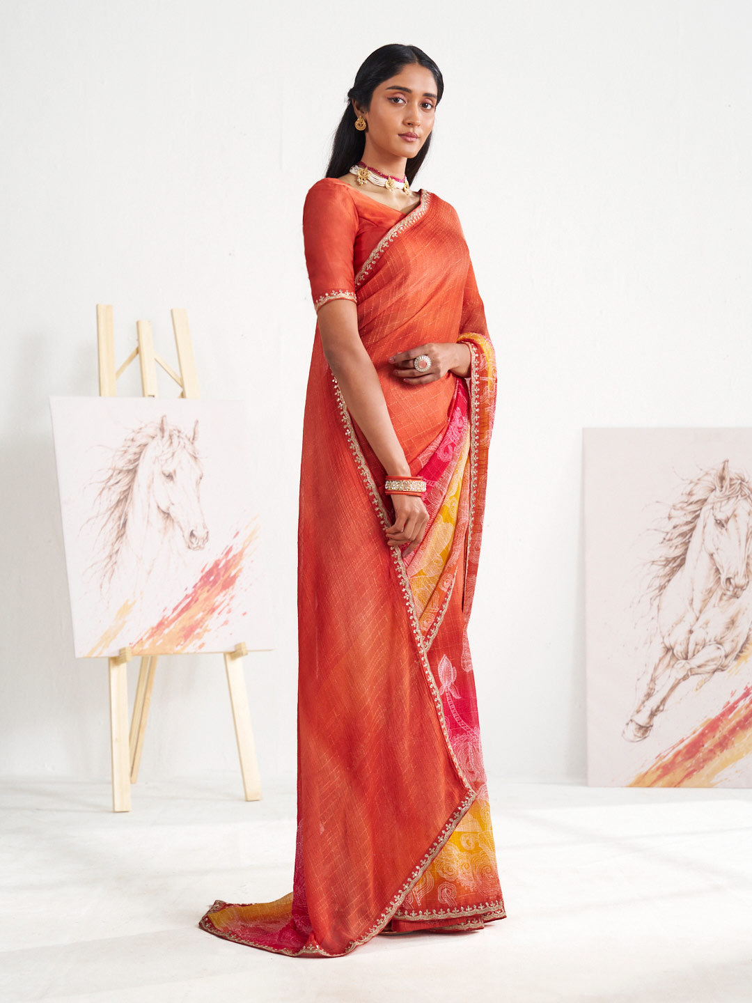 Laxmipati Murli Orange Chiffon Floral Saree