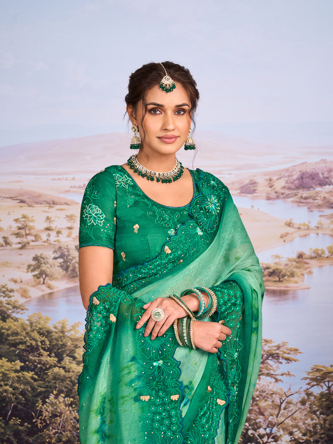 Green floral embroidered chiffon saree casual wear