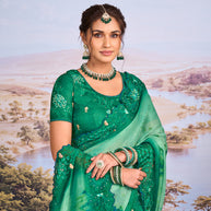 Green floral embroidered chiffon saree casual wear
