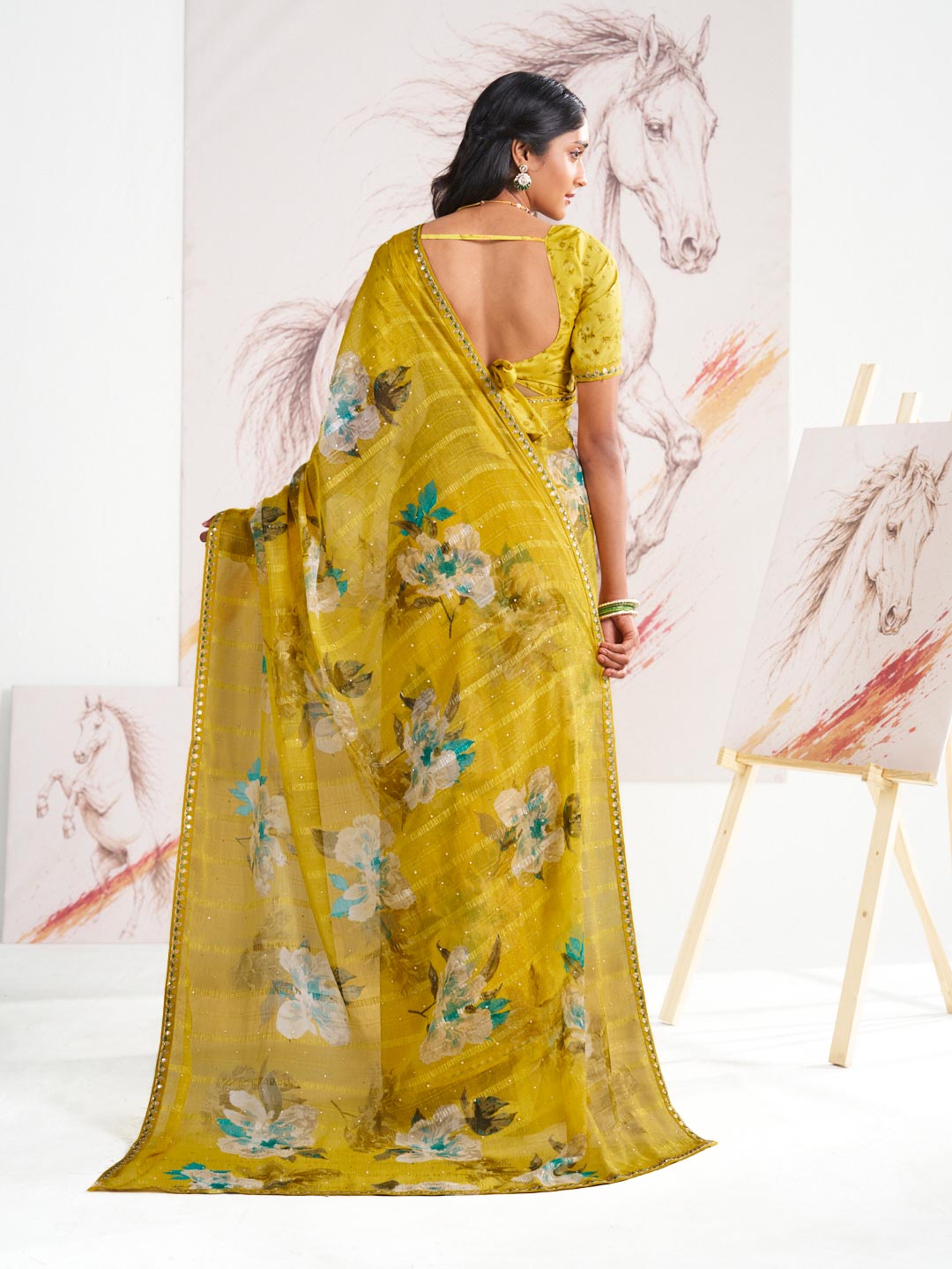 Laxmipati Murli Yellow Chiffon Floral Saree