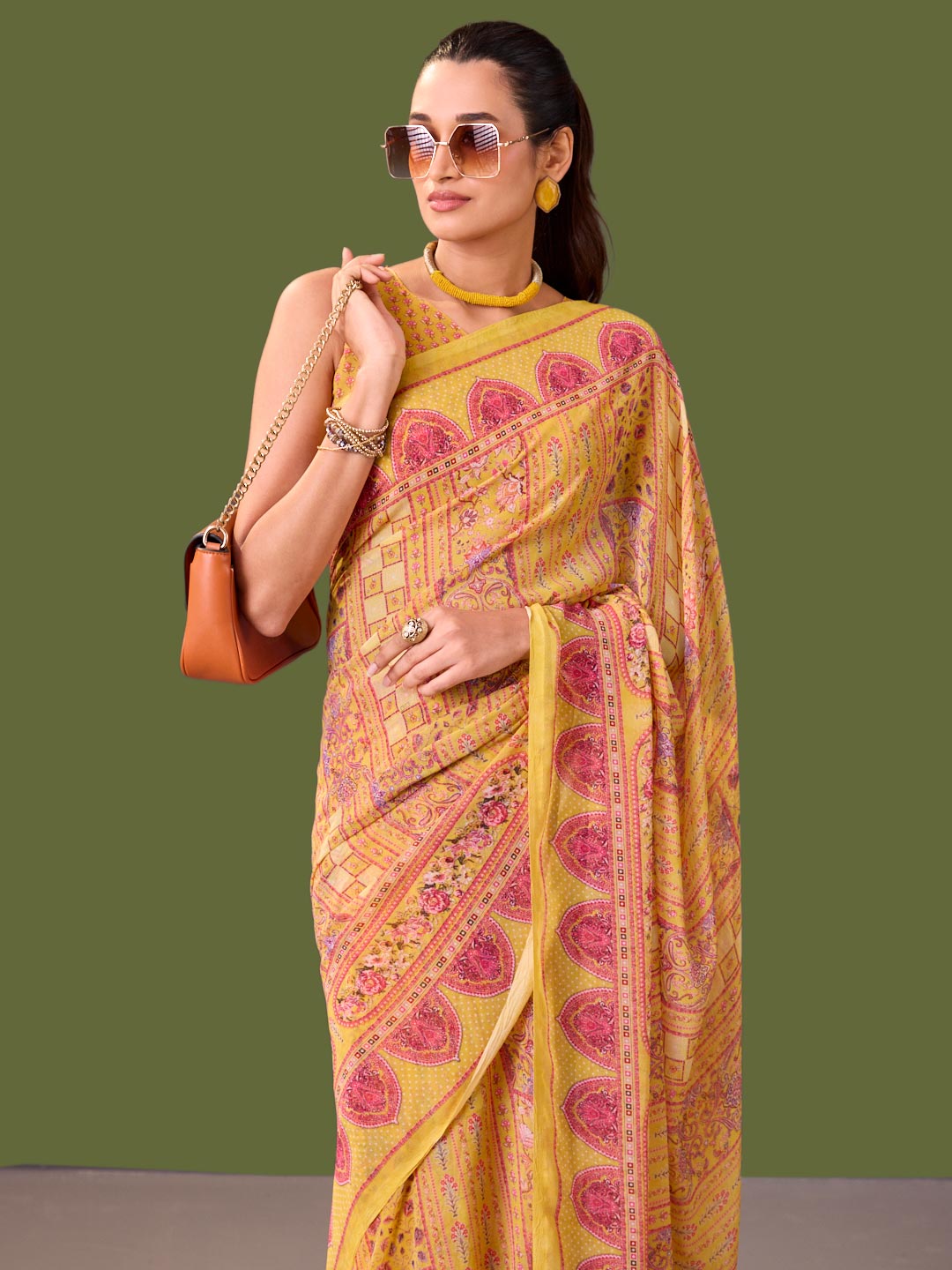 Laxmipati Dillagi Yellow Georgette Floral Saree