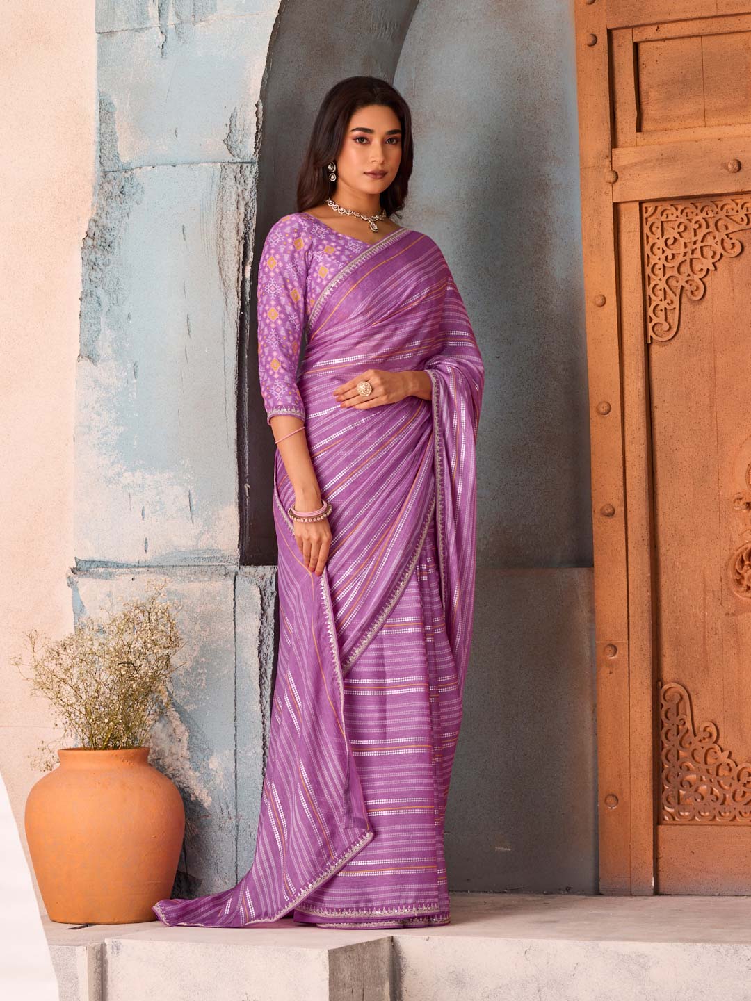 Purple striped silk blend saree festive wear