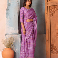 Purple striped silk blend saree festive wear