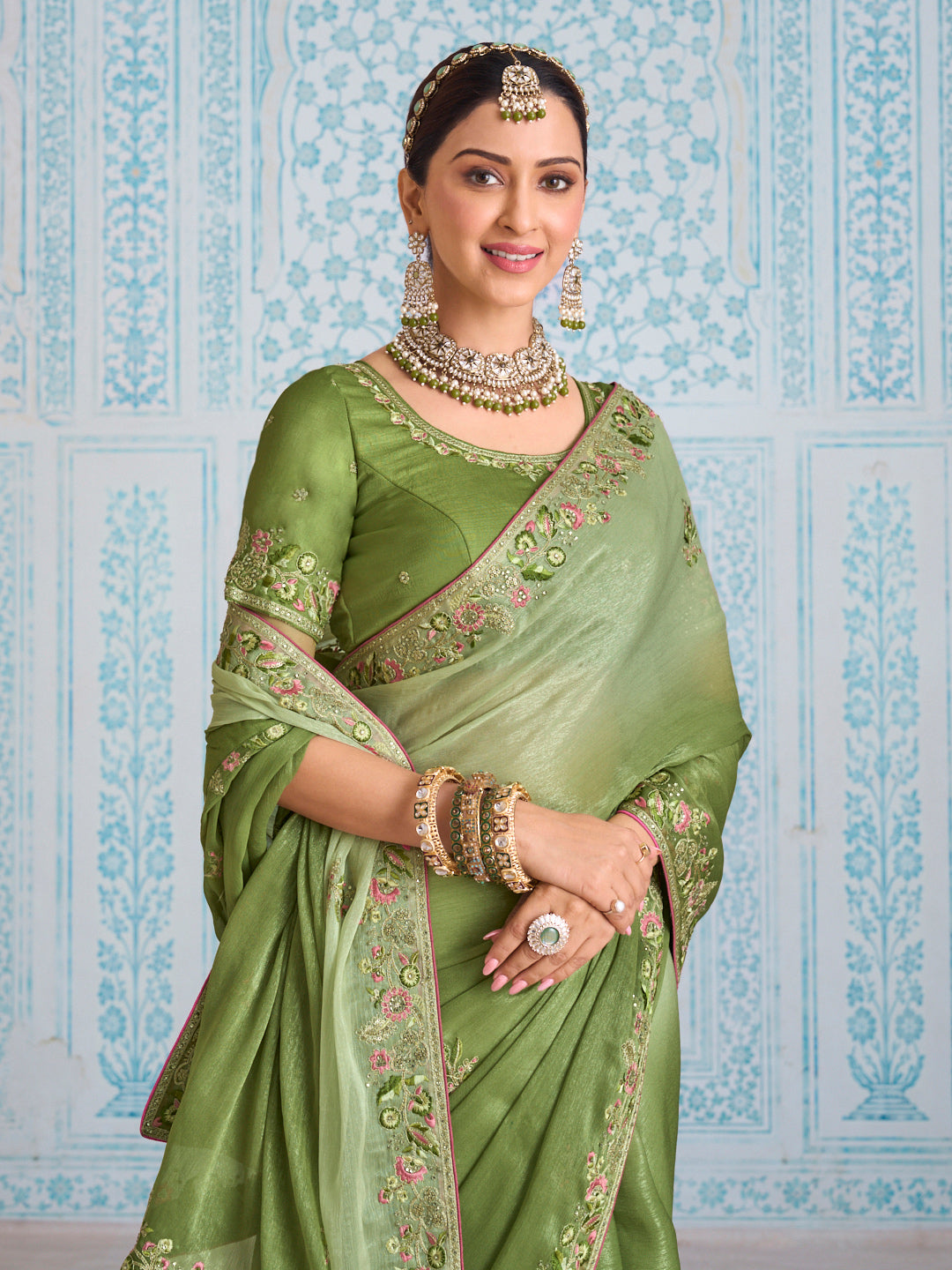 Laxmipati Aanya Green Chiffon Embroidered Saree