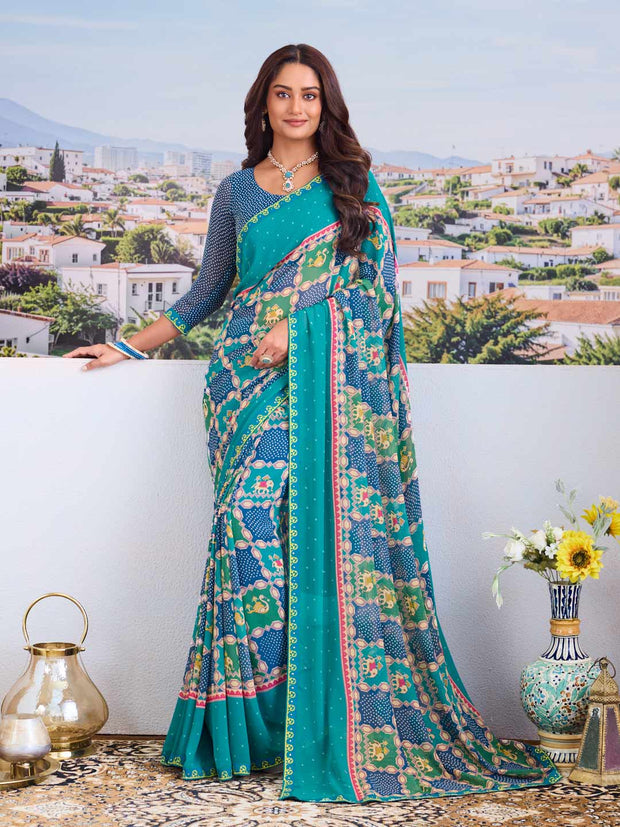 Blue modern print saree