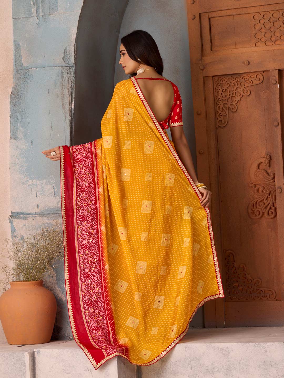 Mustard bandhani printed silk blend saree daily wear