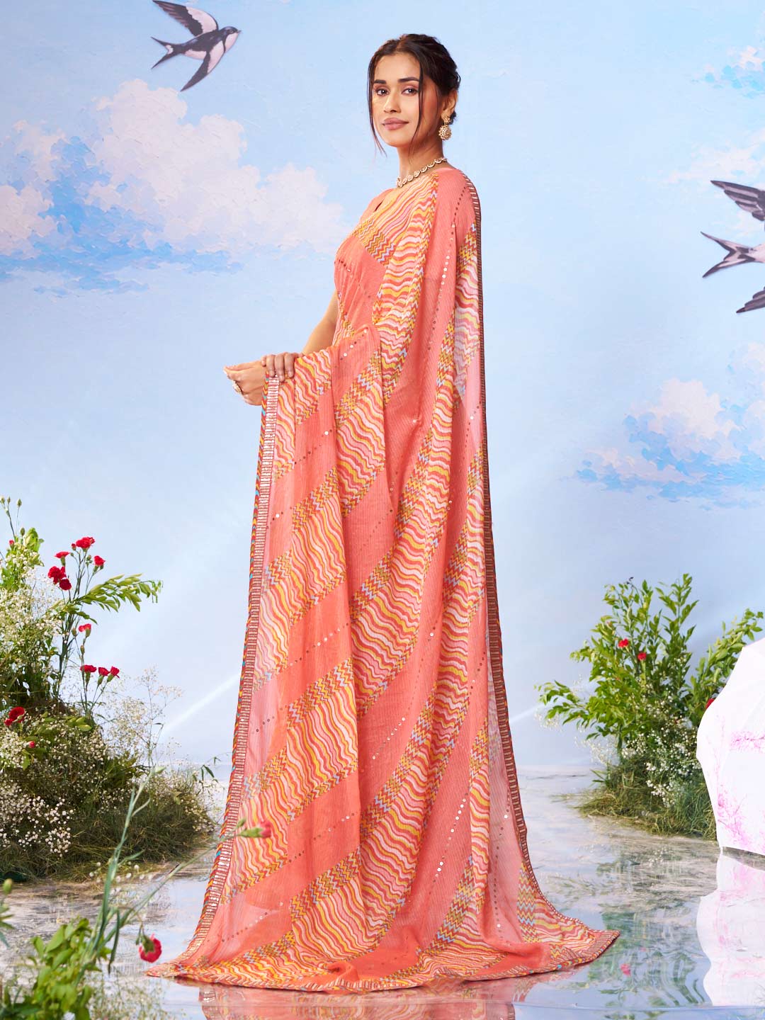 Orange striped printed chiffon saree daily wear